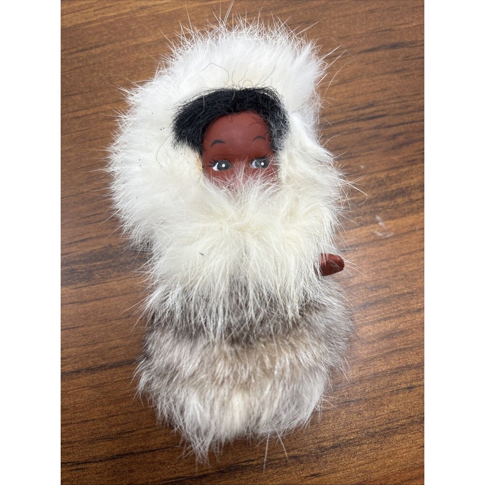 Vtg Native American Alaska Eskimo Doll Real Rabbit Fur Hard Plastic